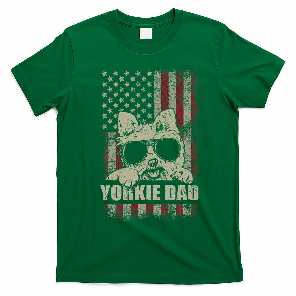 Funny Yorkie Dad American Flag Dog Daddy Fathers Day Tee T-Shirt - Irish Green