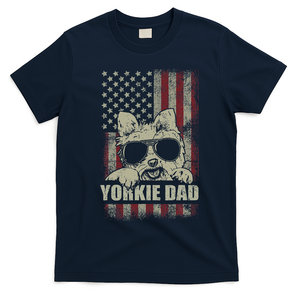 Funny Yorkie Dad American Flag Dog Daddy Fathers Day Tee T-Shirt - Navy Blue