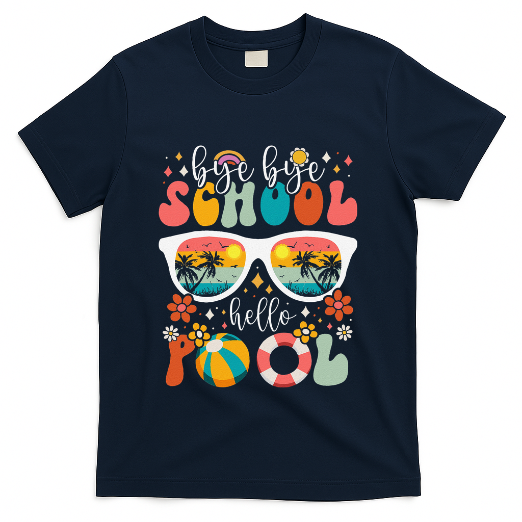 Groovy Bye Bye School Hello Pool Last Day Of School Summer T-Shirt - Navy