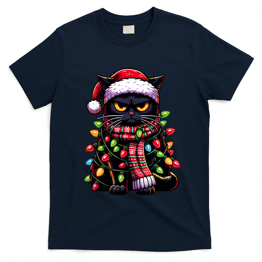 Grumpy Black Cat Meowy Xmas Christmas Outfit Cat Dad Cat Mom Meaningful Gift T-Shirt - Navy Blue