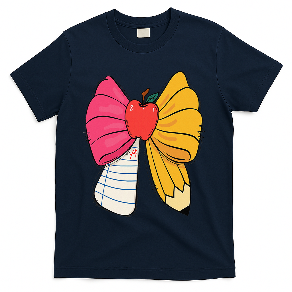 Girly Coquette Bow Pencil Teacher Student Back To School T-Shirt - Navy