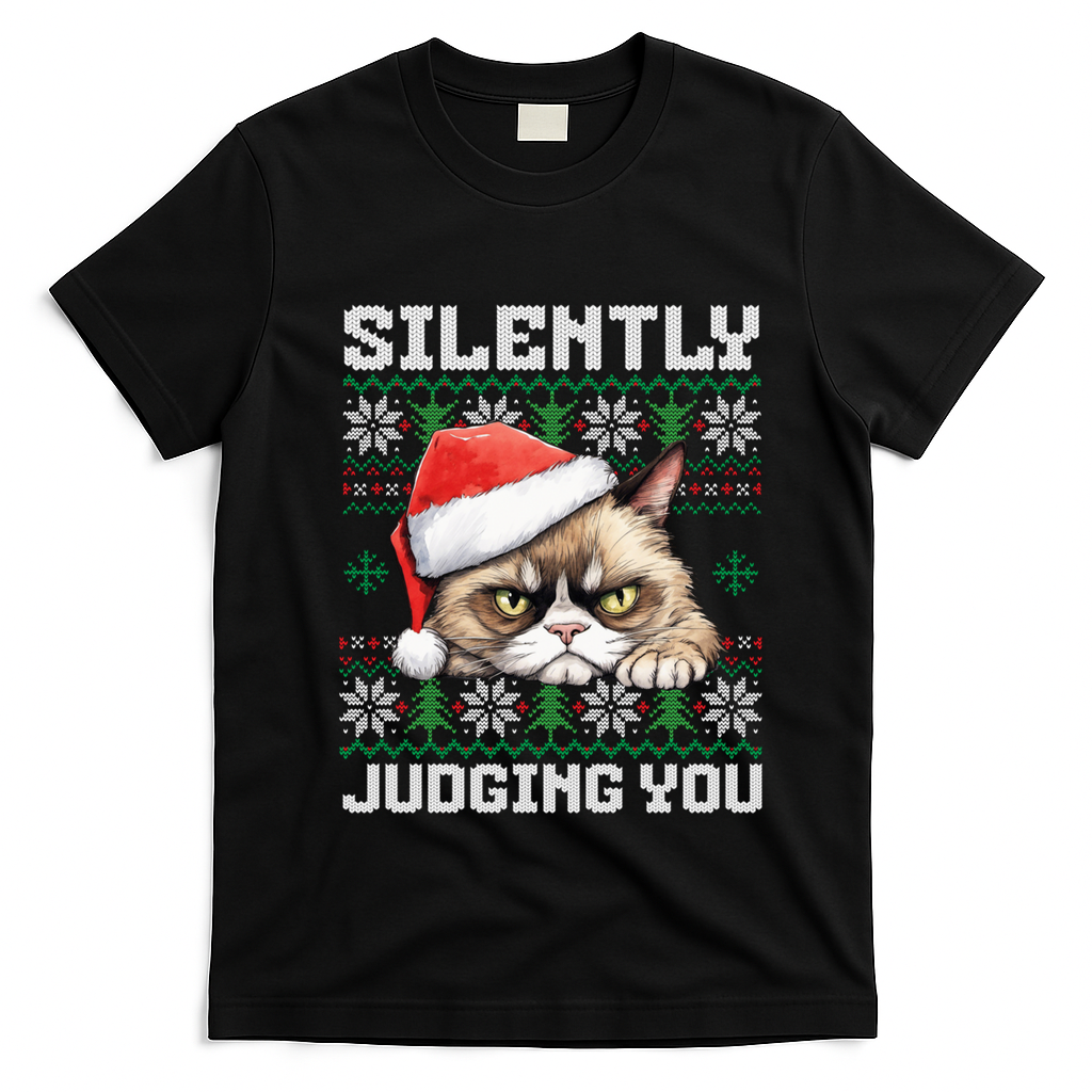 Grumpy Christmas Cat Ugly Silently Judging You Cat Gift T-Shirt - Black