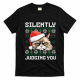 Grumpy Christmas Cat Ugly Silently Judging You Cat Gift T-Shirt - Black