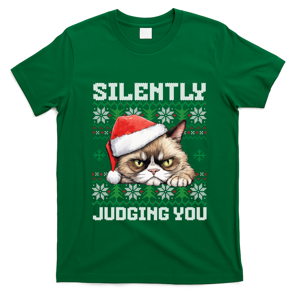 Grumpy Christmas Cat Ugly Silently Judging You Cat Gift T-Shirt - Irish Green
