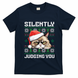 Grumpy Christmas Cat Ugly Silently Judging You Cat Gift T-Shirt - Navy Blue