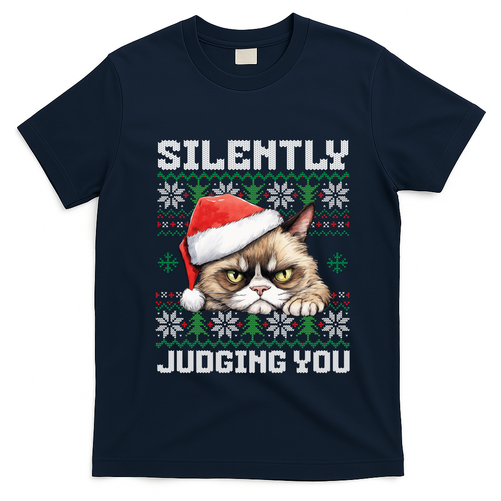 Grumpy Christmas Cat Ugly Silently Judging You Cat Gift T-Shirt - Navy Blue