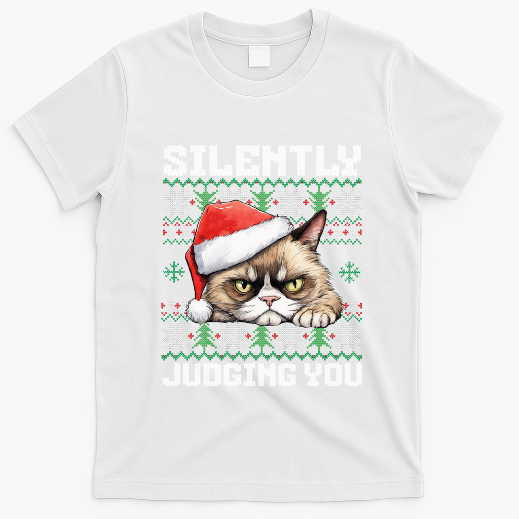 Grumpy Christmas Cat Ugly Silently Judging You Cat Gift T-Shirt - White