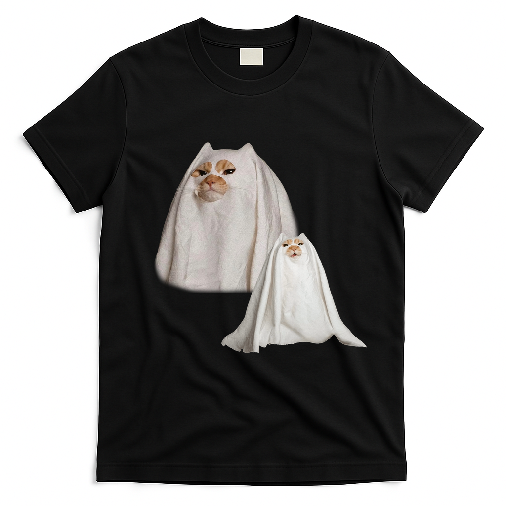 Ghost Cat Meme Funny Halloween T-Shirt - Black