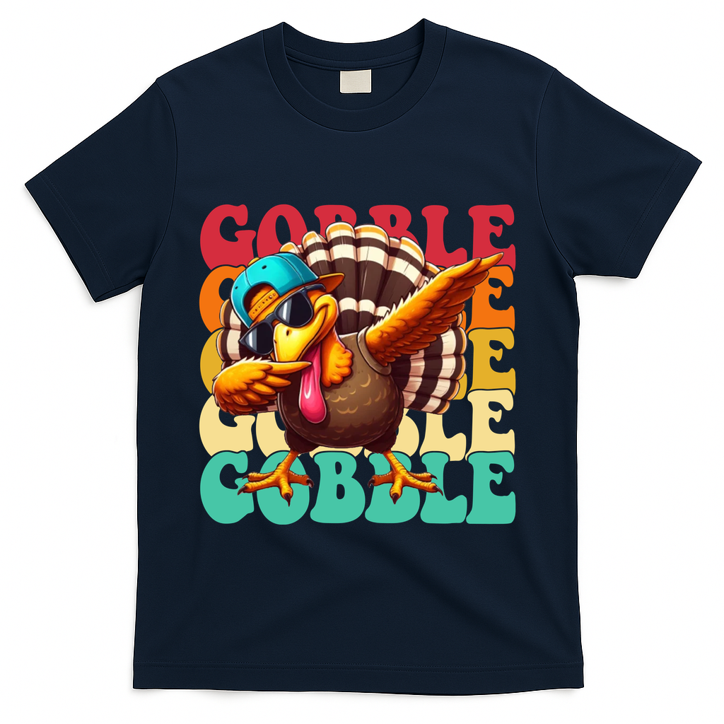 Gobble Cool Turkey Day Thanksgiving Retro T-Shirt - Navy