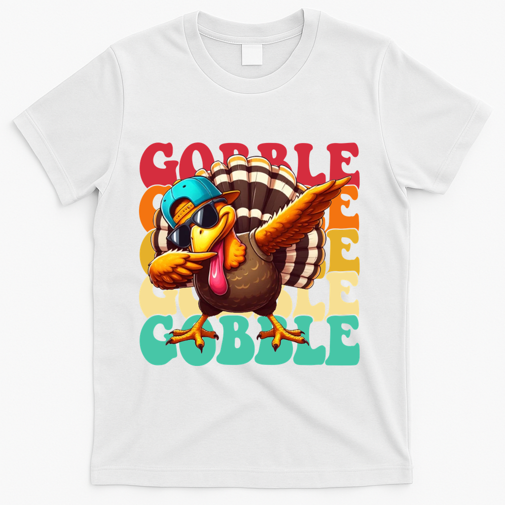 Gobble Cool Turkey Day Thanksgiving Retro T-Shirt - White