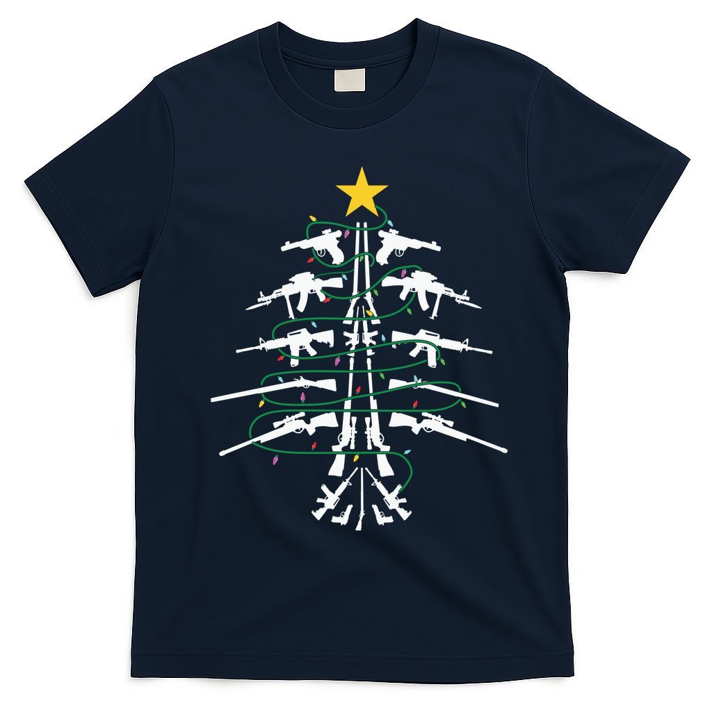 Guns Christmas Tree Xmas Veteran T-Shirt - Navy Blue