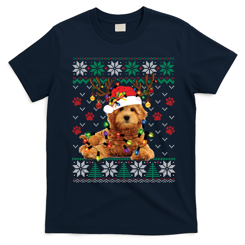 Goldendoodle Christmas Ugly Sweater Funny Dog Lover Xmas Great Gift T-Shirt - Navy Blue