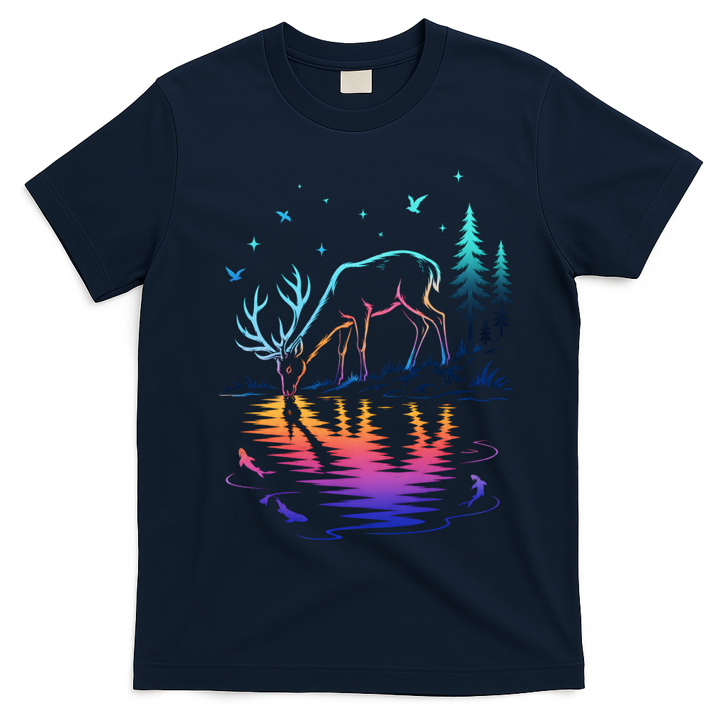 Glowing Deer By The Water: Nature Lover's T-Shirt - Navy Blue