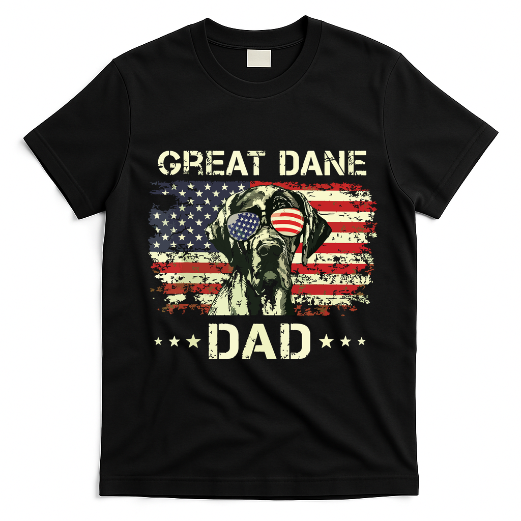 Great Dane Dad Dog Lovers American Flag 4th Of July T-Shirt - Black