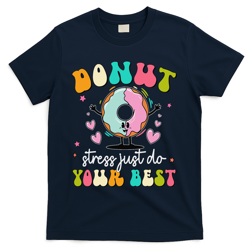 Groovy Donut Stress Do Your Best Teacher Test Day T-Shirt - Navy