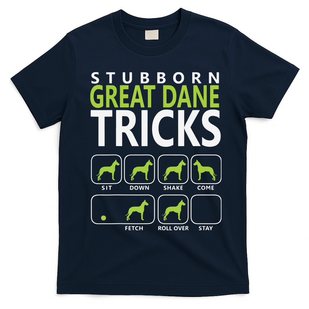 Great Dane Shirts Stubborn Great Dane Tricks Dog T-Shirt - Navy Blue