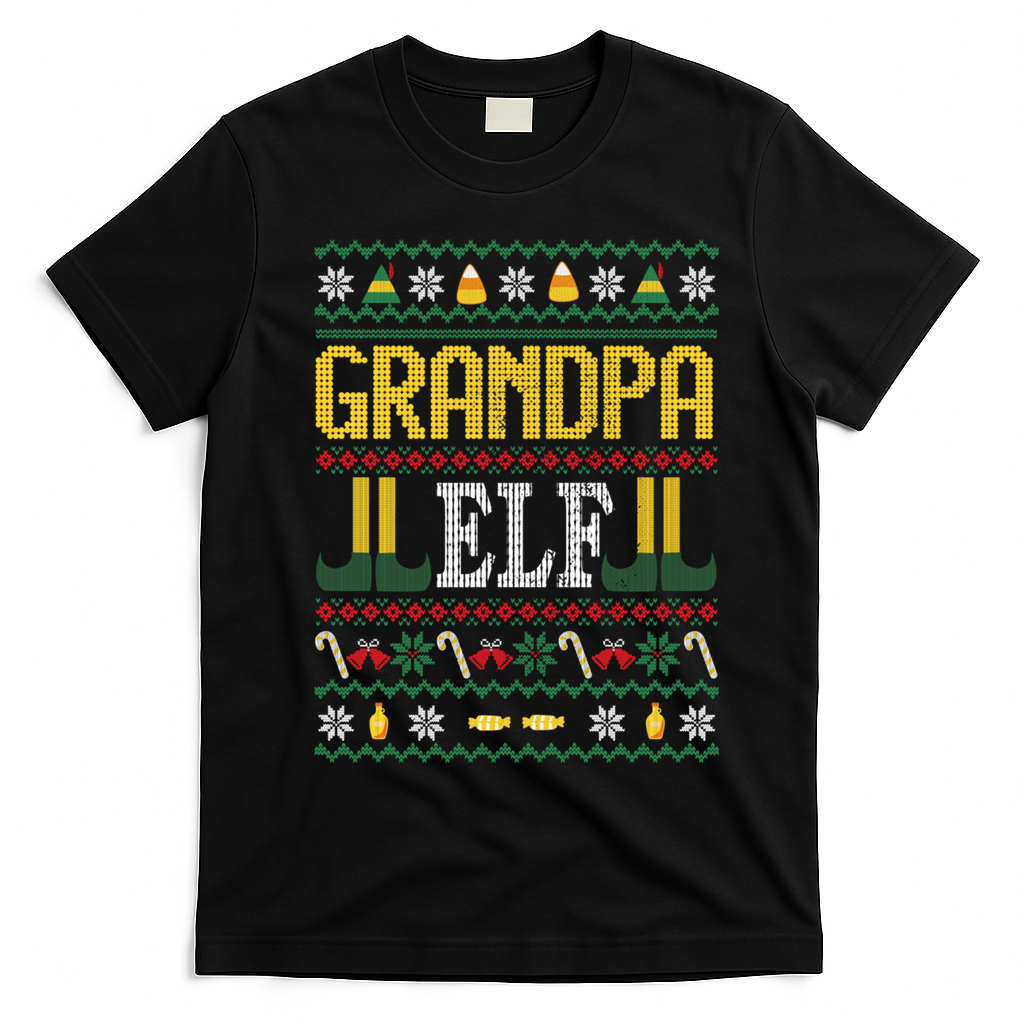 Grandpa Elf Funny Christmas Ugly Xmas Vintage Gift T-Shirt - Black