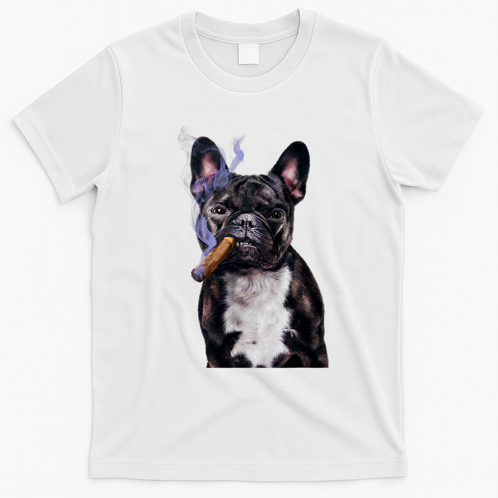 , Gangster French Bull Dog Smoking Cigar, Bad Dog T-Shirt - White