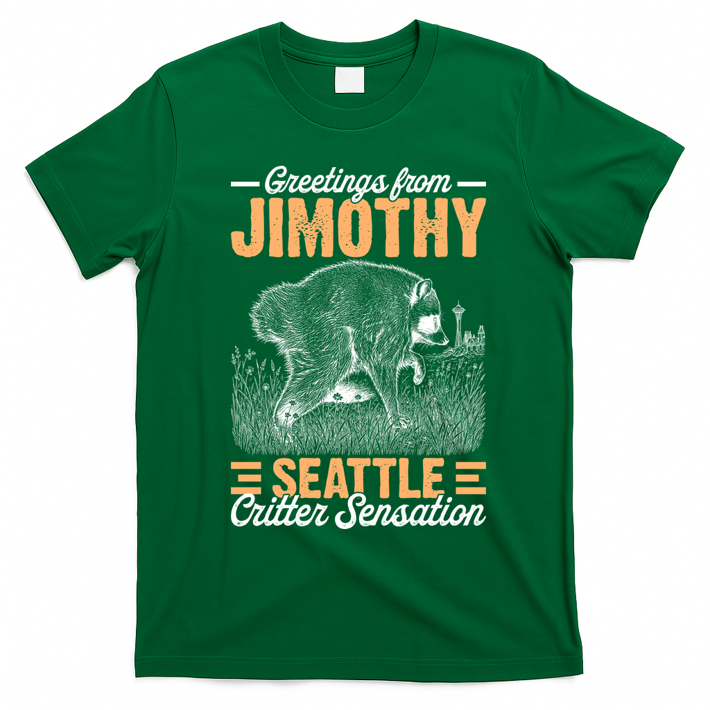 Greetings From Jimothy Seattle Critter Raccoon T-Shirt - Irish Green
