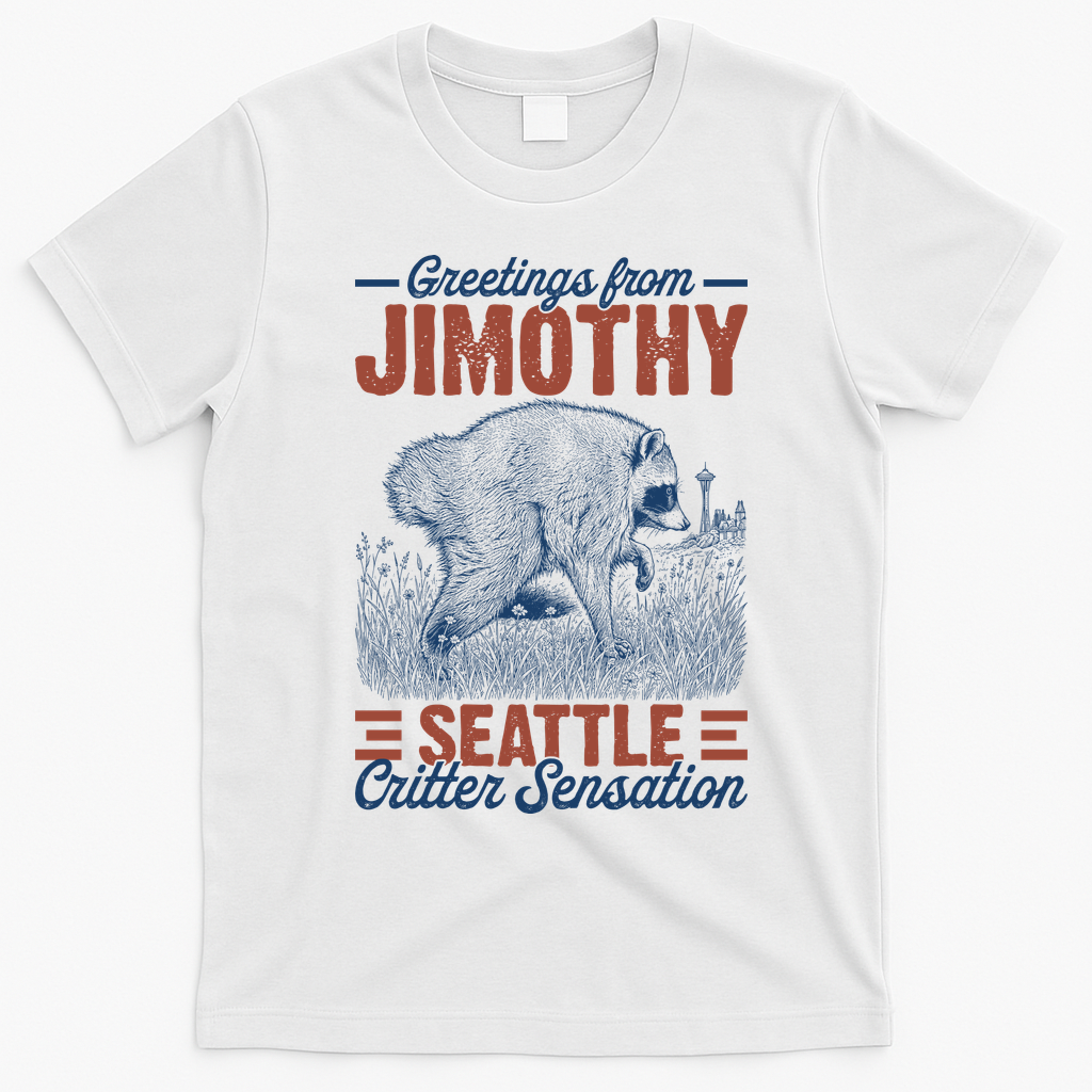 Greetings From Jimothy Seattle Critter Raccoon T-Shirt - White