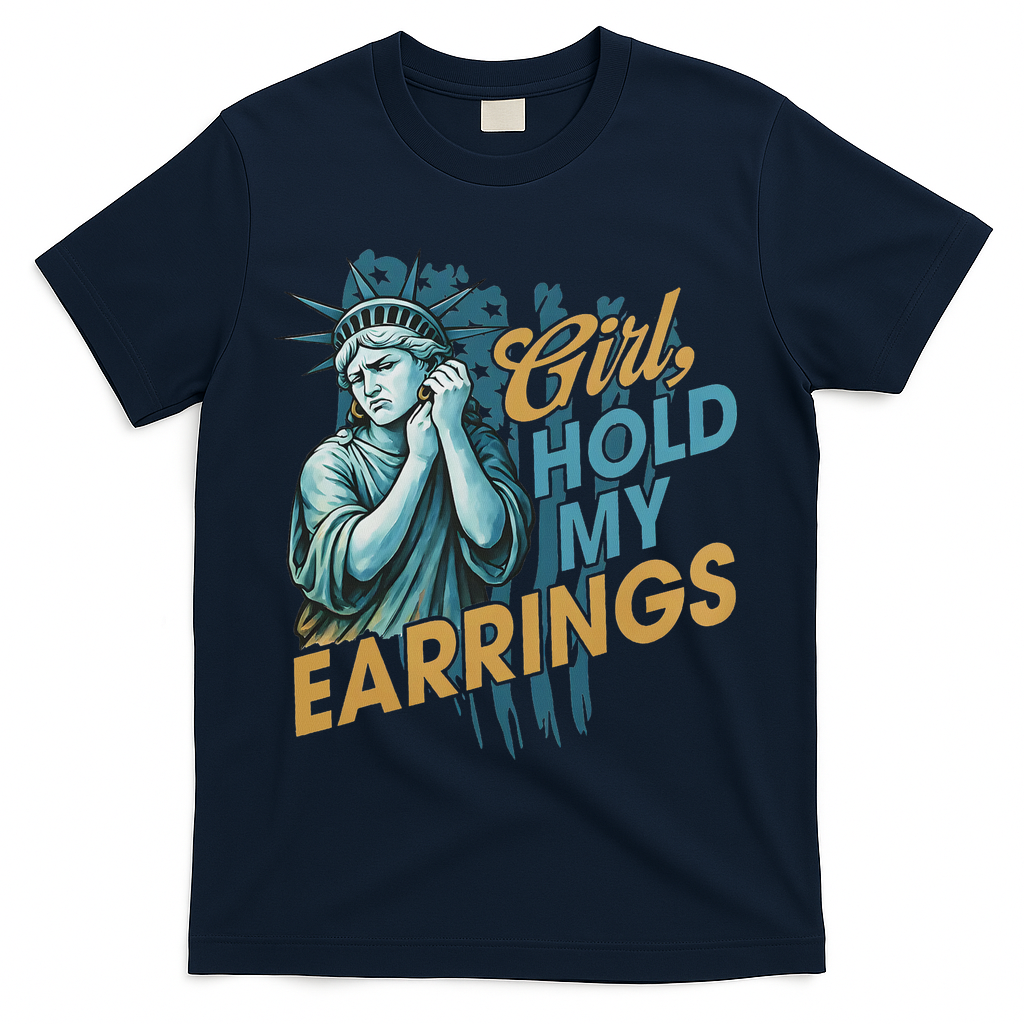 Girl Hold My Earrings, Anti Trump Political And Democracy T-Shirt - Navy