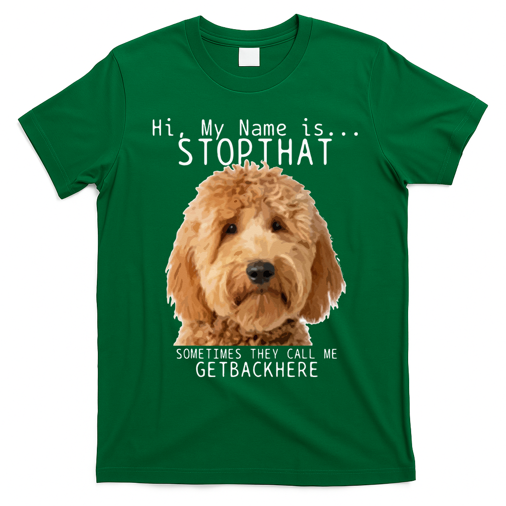 Goldendoodle Hi My Name Is Stop That Funny Dog Doodle Mom T-Shirt - Irish Green