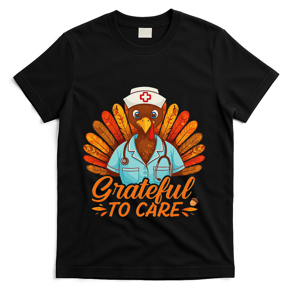 Grateful Healthcare To Care Nurse Turkey Thanksgiving Fall T-Shirt - Black