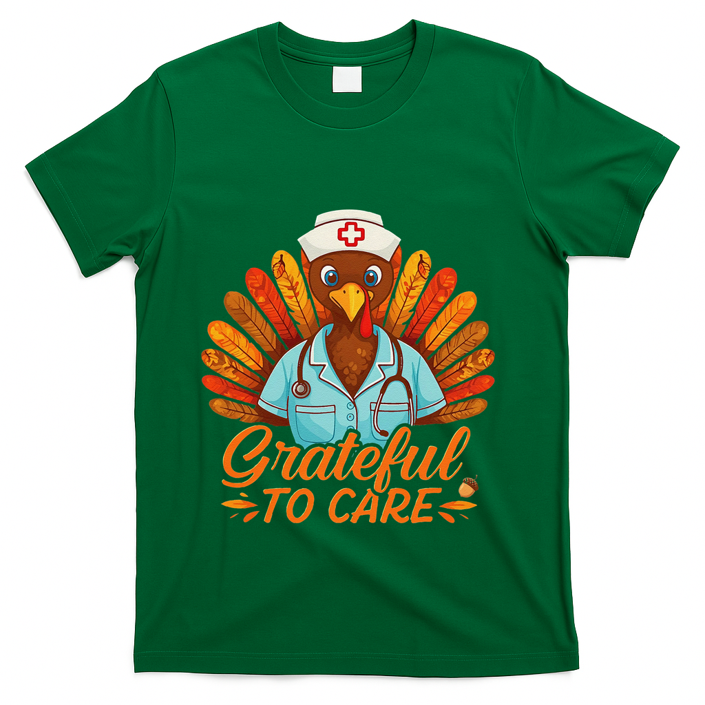 Grateful Healthcare To Care Nurse Turkey Thanksgiving Fall T-Shirt - Green