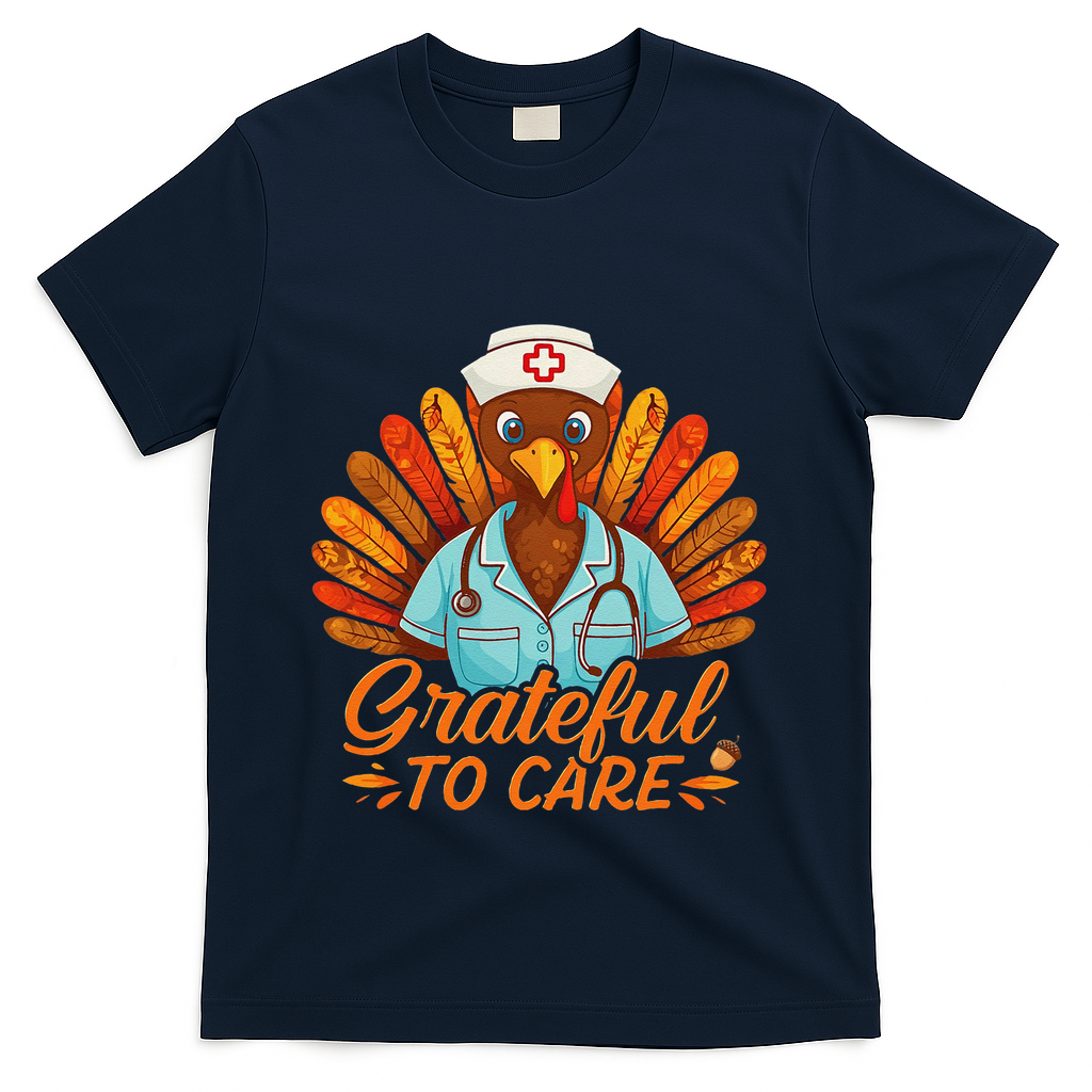 Grateful Healthcare To Care Nurse Turkey Thanksgiving Fall T-Shirt - Navy