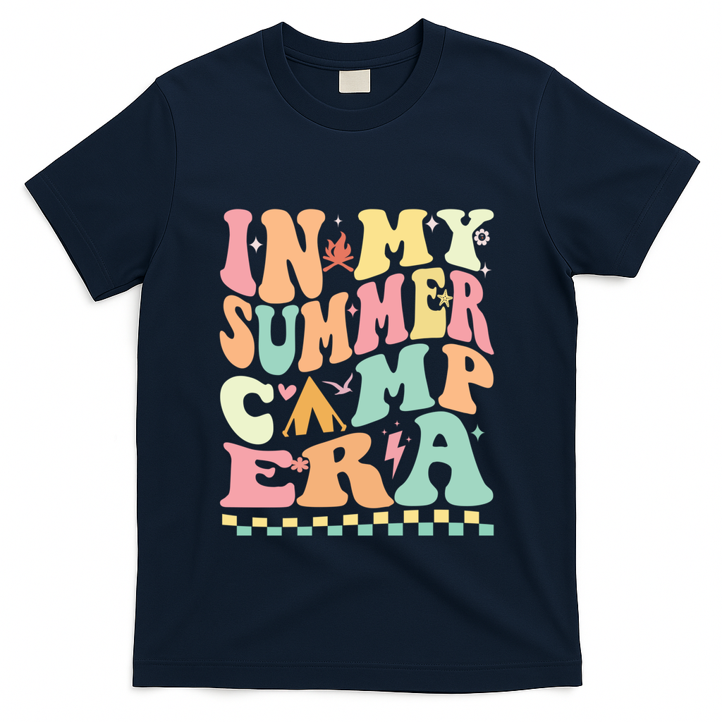 Groovy In My Summer Camp Era Retro Summer Camping Gift T-Shirt - Navy