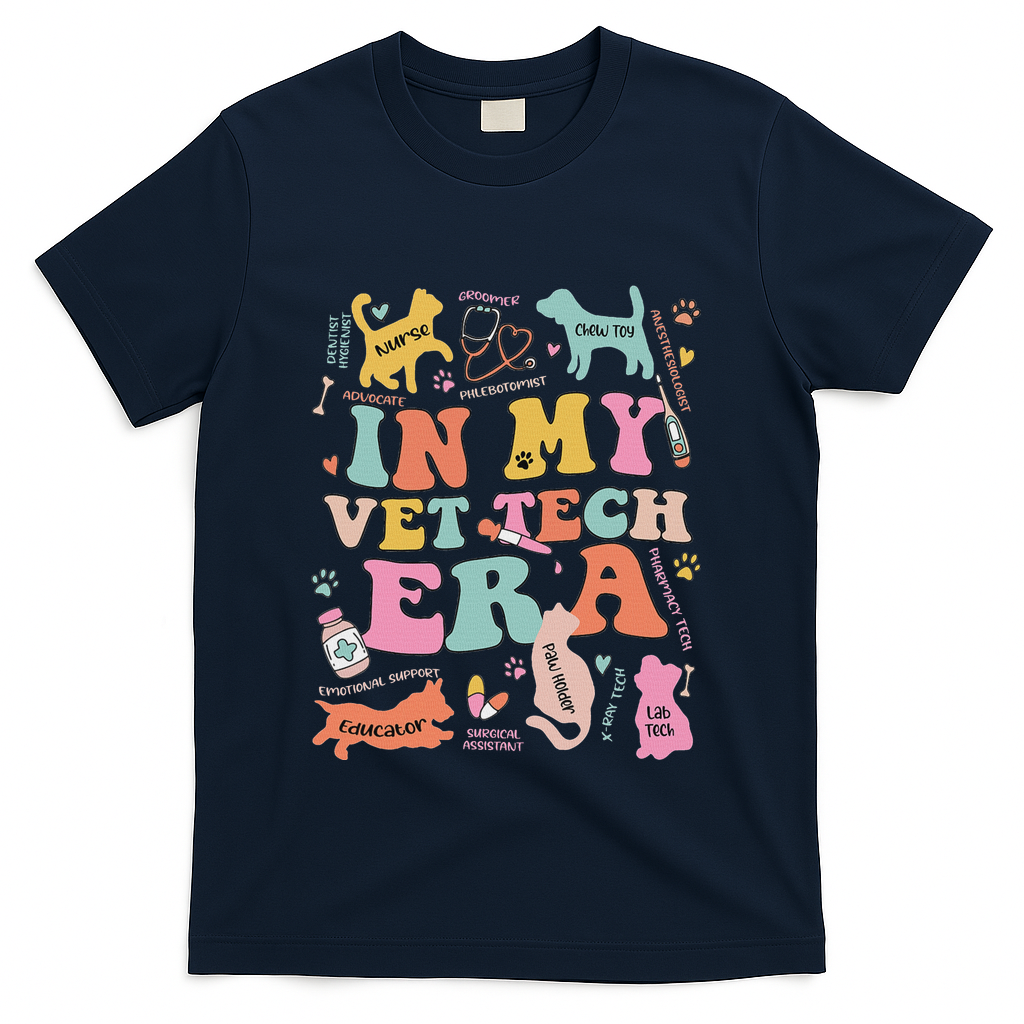 Groovy In My Vet Tech Era Monogrammed Veterinarian Grad T-Shirt - Navy