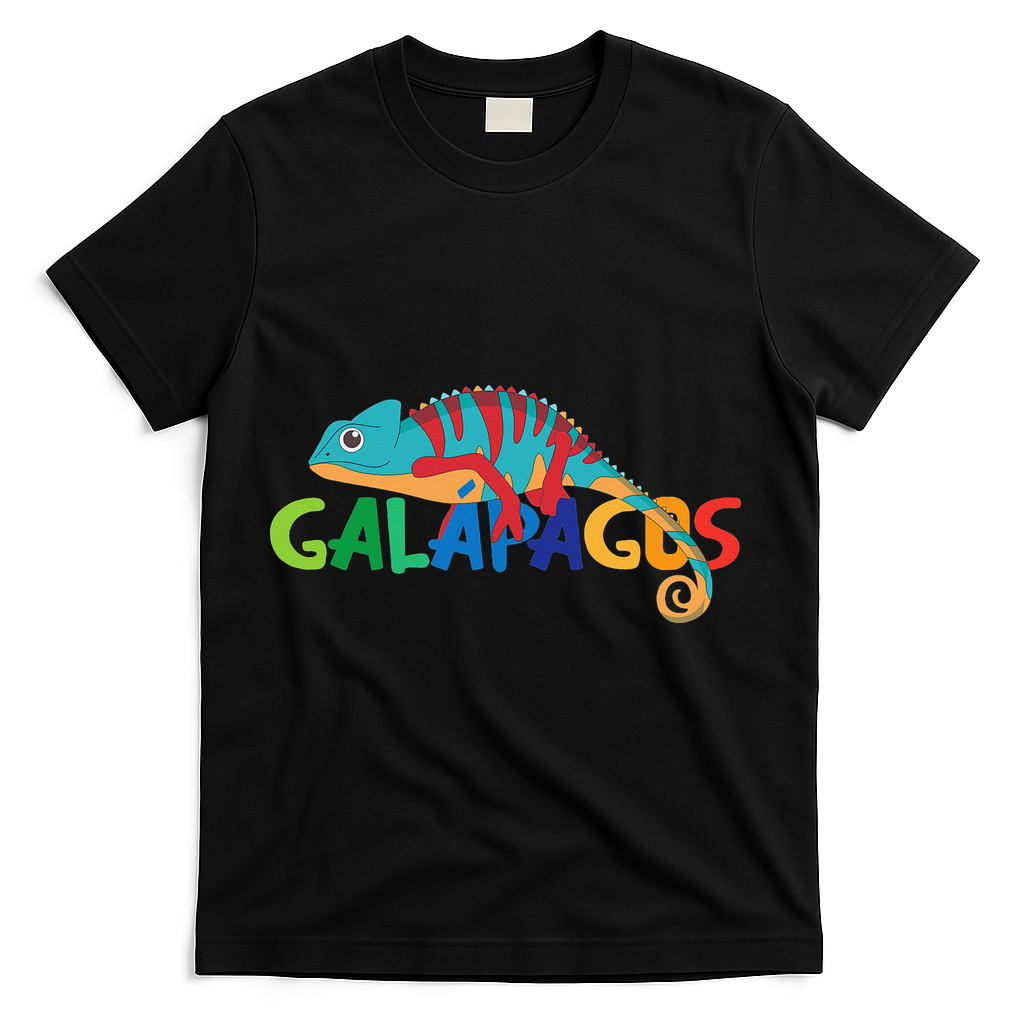 Galapagos Islands Summer Colorful Chameleon Exotic Animal T-Shirt - Black