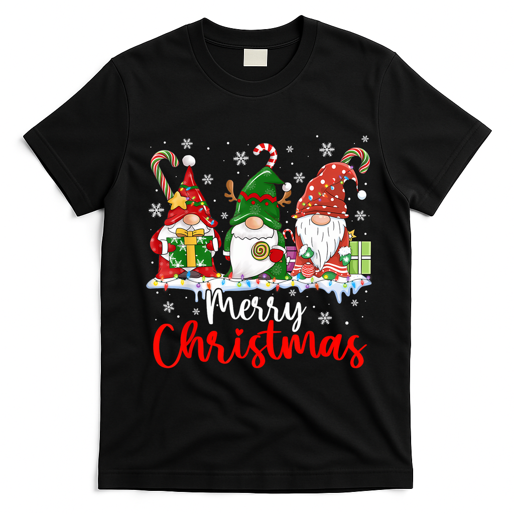 Gnomes Merry Christmas Light Family Gnome Xmas T-Shirt - Black