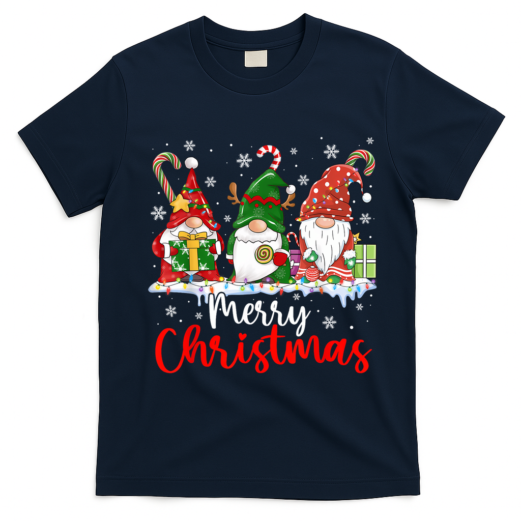 Gnomes Merry Christmas Light Family Gnome Xmas T-Shirt - Navy Blue