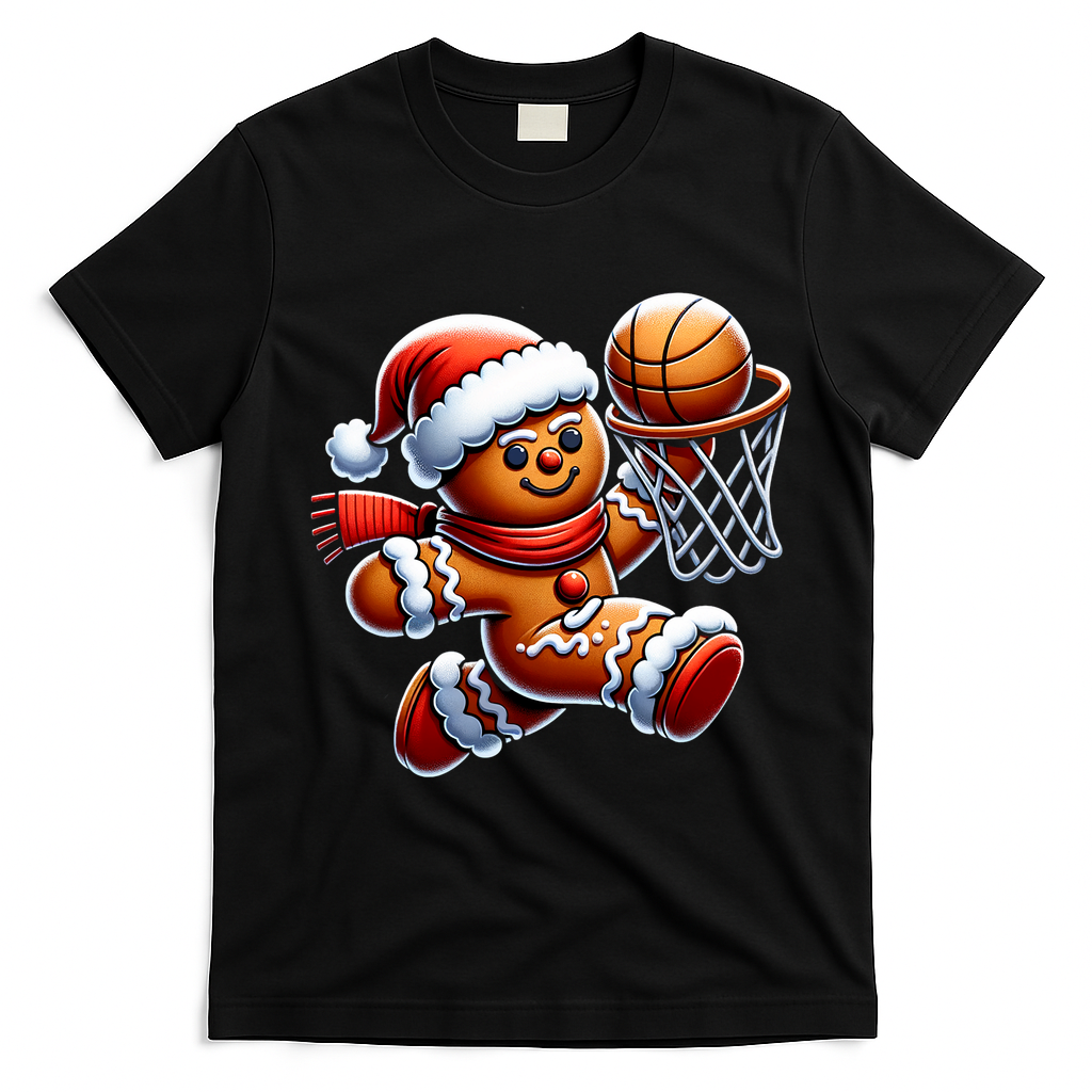 Gingerbread Man Playing Basketball Christmas Xmas T-Shirt - Black
