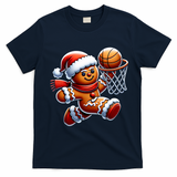 Gingerbread Man Playing Basketball Christmas Xmas T-Shirt - Navy Blue
