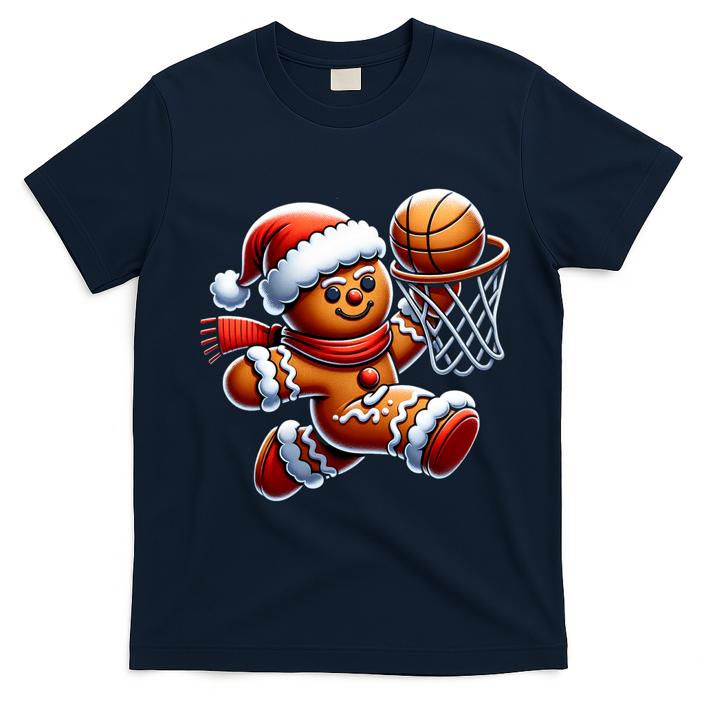 Gingerbread Man Playing Basketball Christmas Xmas T-Shirt - Navy Blue