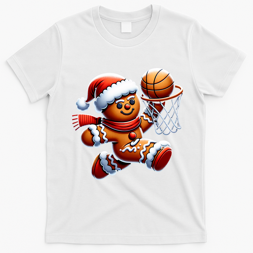 Gingerbread Man Playing Basketball Christmas Xmas T-Shirt - White