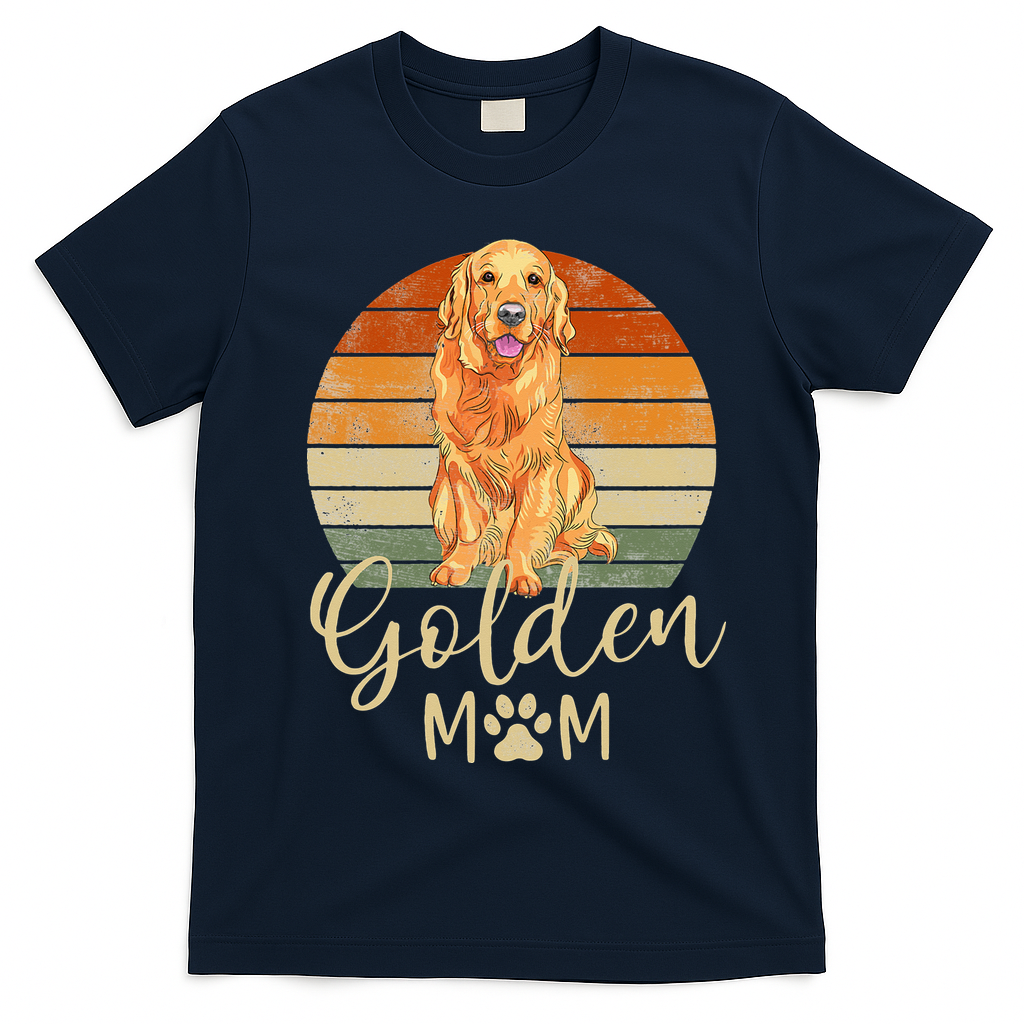 Golden Mom Retro Sunset Golden Retriever Lover Gift Dog Mama T-Shirt - Navy Blue