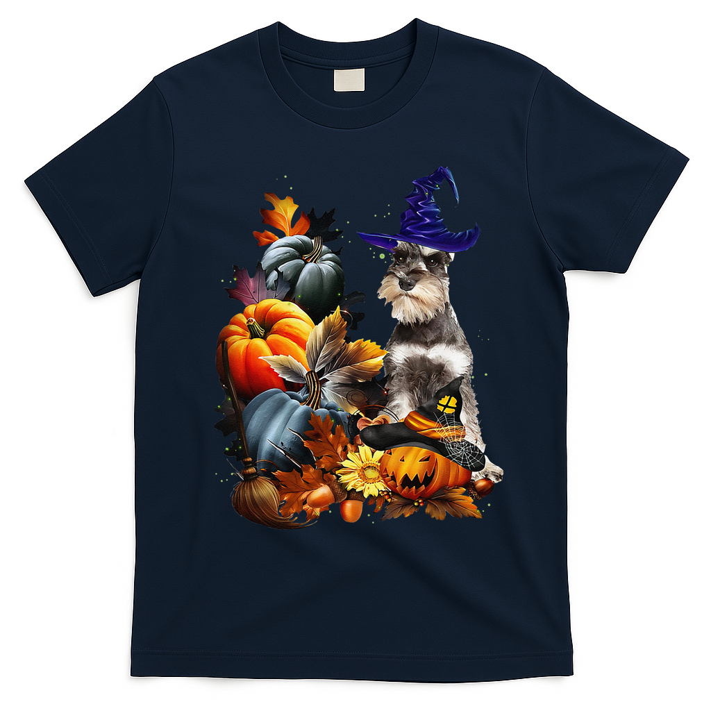 Grey Miniature Schnauzer Witch Hat Spooky Pumpkin Halloween T-Shirt - Navy Blue