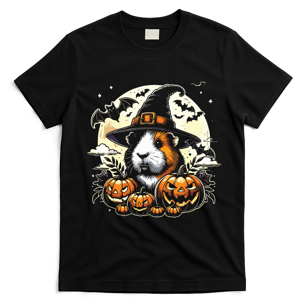 Guinea Pig Halloween Witch Art T-Shirt - Black