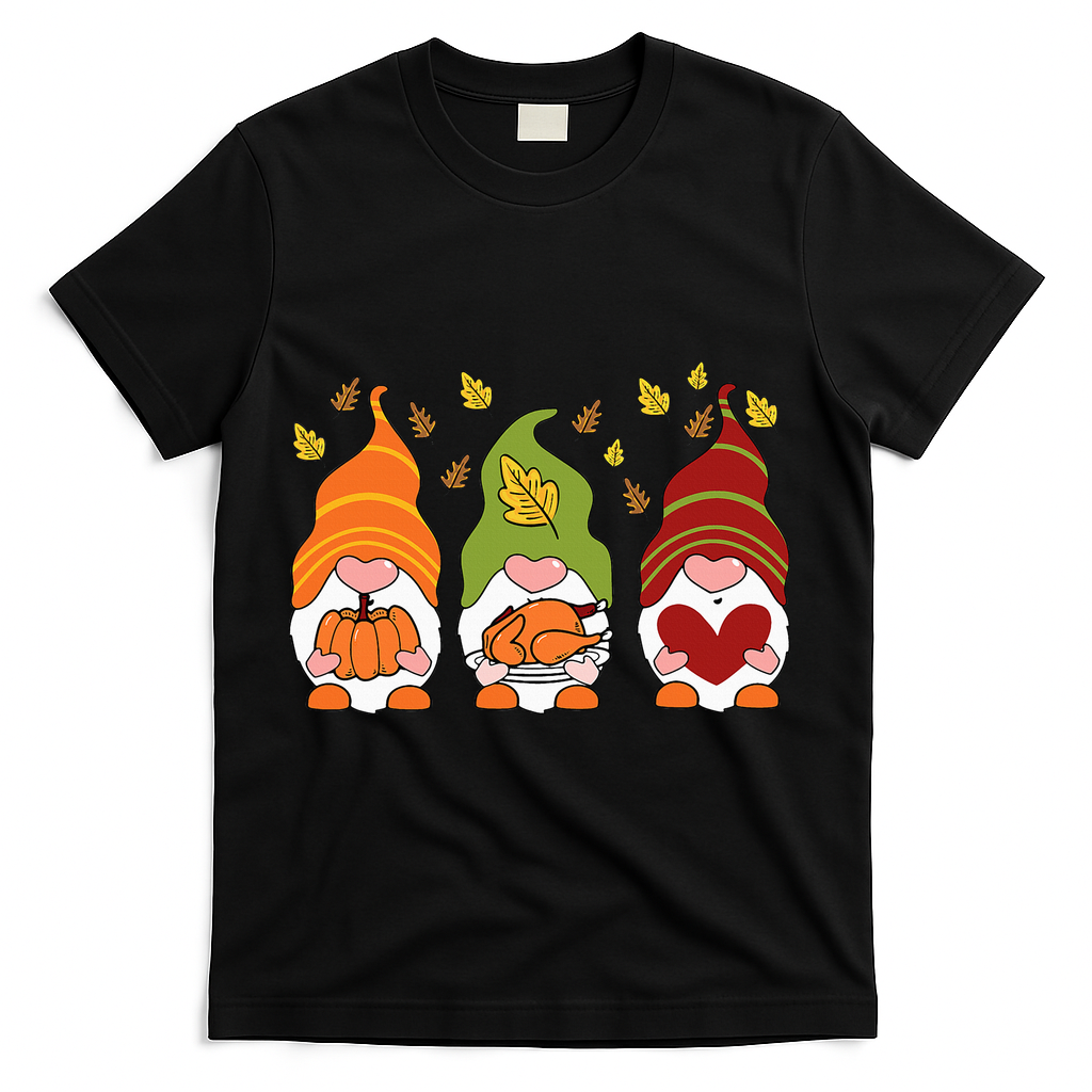 Gnomes Pumpkin Turkey Thanksgiving Day Cute Fall Autumn T-Shirt - Black