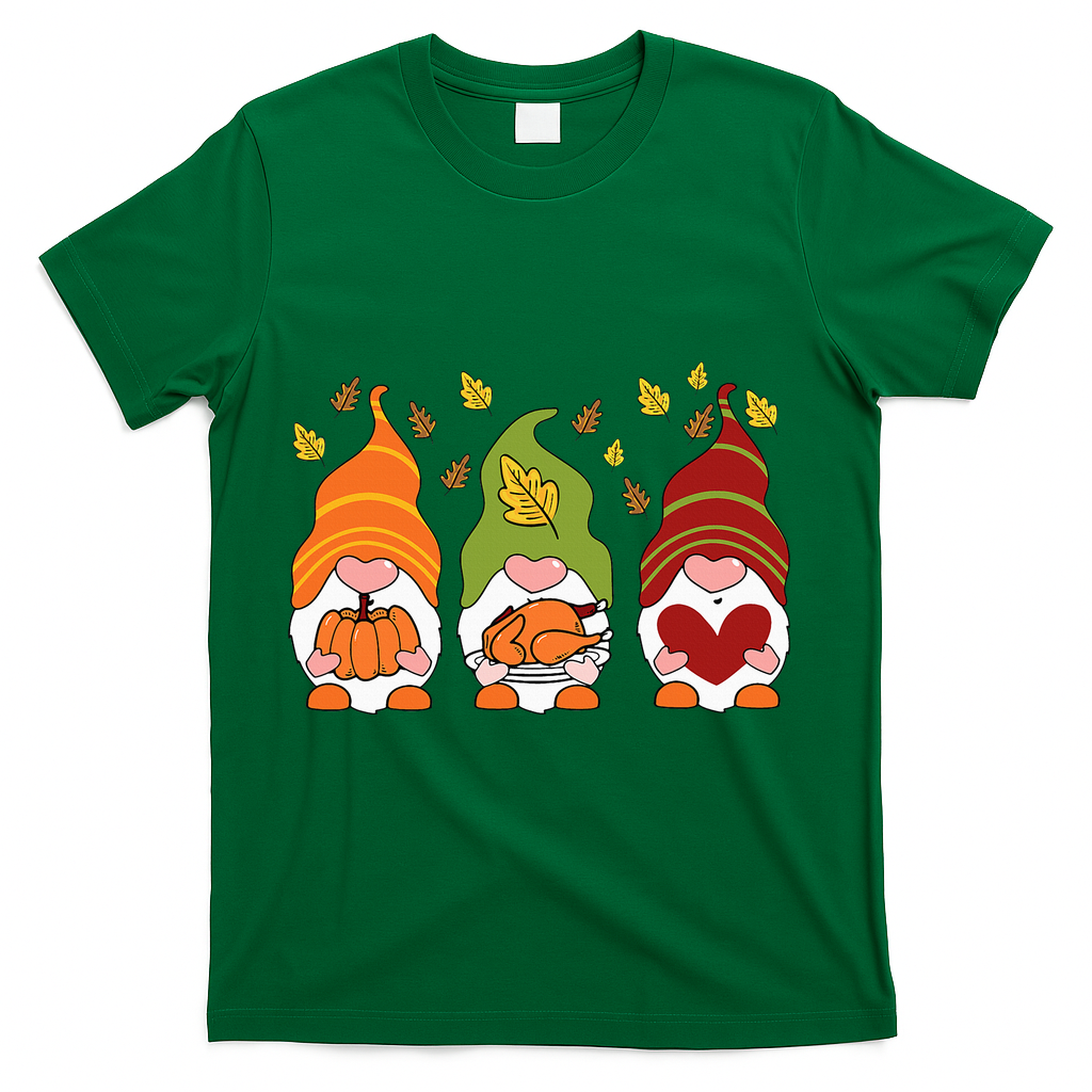 Gnomes Pumpkin Turkey Thanksgiving Day Cute Fall Autumn T-Shirt - Green