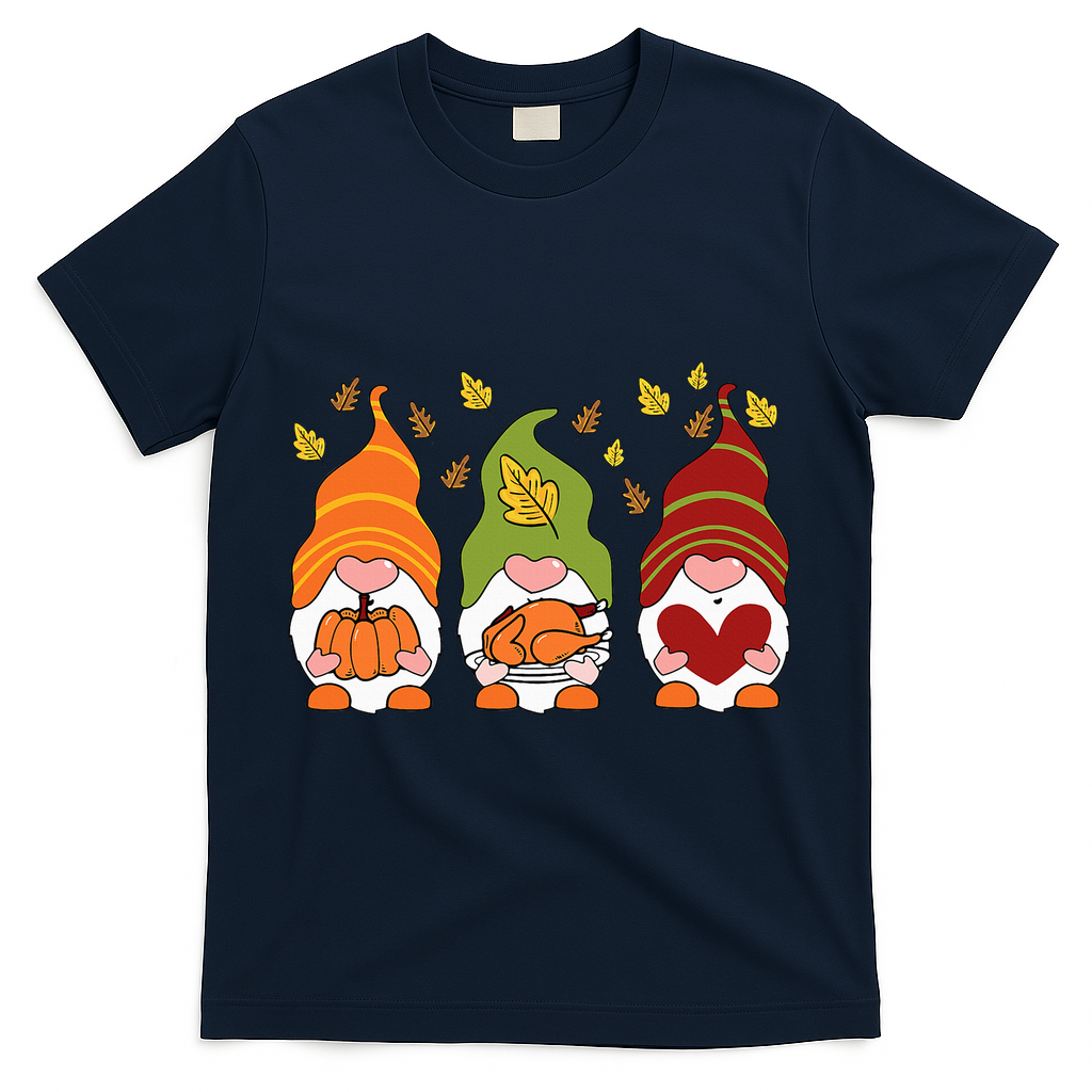 Gnomes Pumpkin Turkey Thanksgiving Day Cute Fall Autumn T-Shirt - Navy