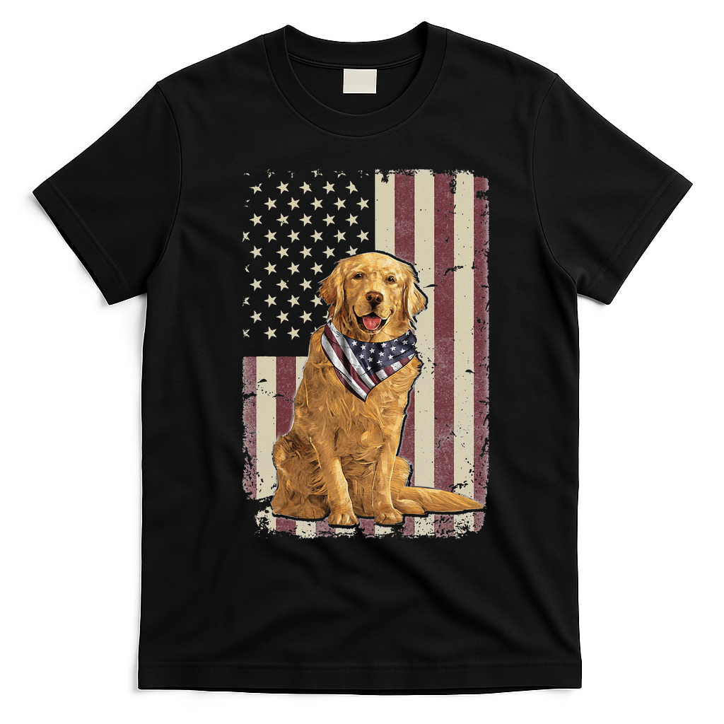 Golden Retriever American Flag Bandana 4th Of July T-Shirt - Black