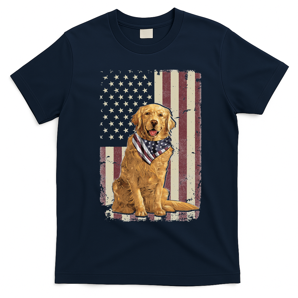 Golden Retriever American Flag Bandana 4th Of July T-Shirt - Navy Blue