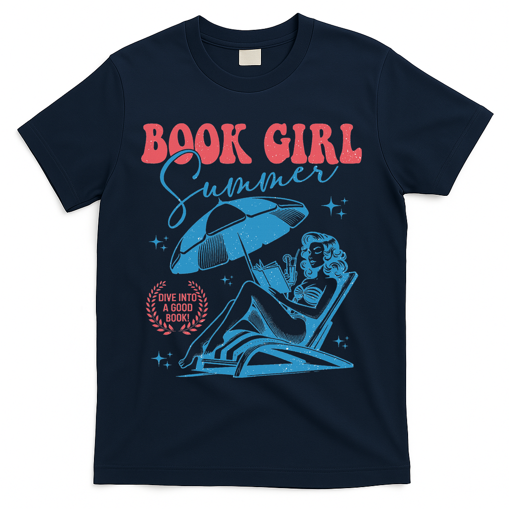 Girl Reading Book Summer Funny Beach Vacation For Book Lover T-Shirt - Navy