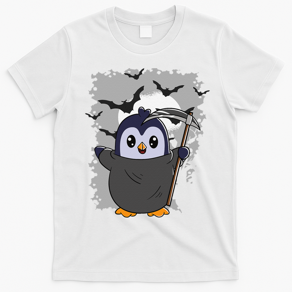 Grim Reaper Halloween Spooky Penguin Halloween Penguin T-Shirt - White