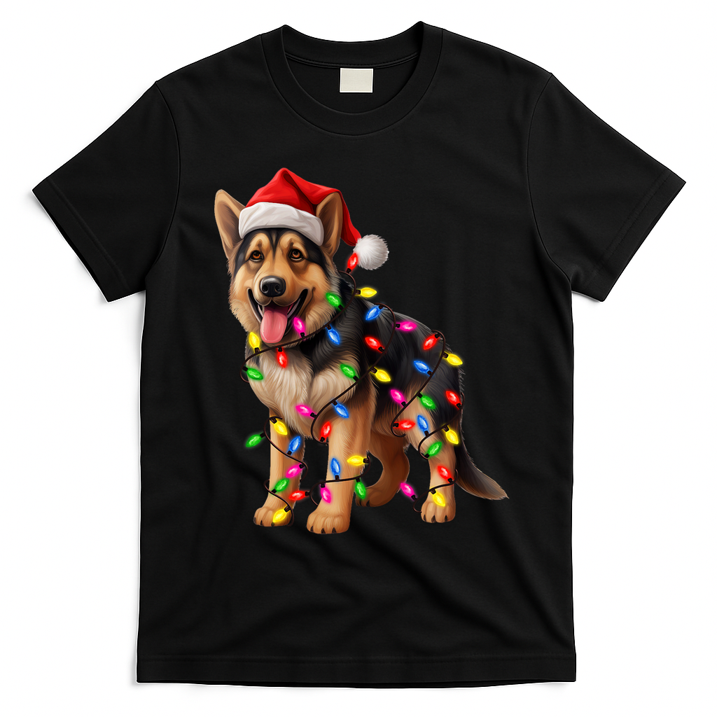 German Shepherd Christmas Lights Santa Hat Dog Lover T-Shirt - Black
