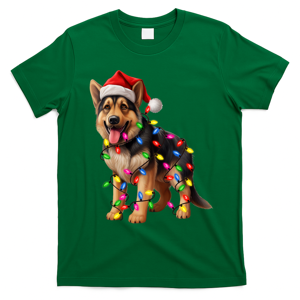 German Shepherd Christmas Lights Santa Hat Dog Lover T-Shirt - Irish Green